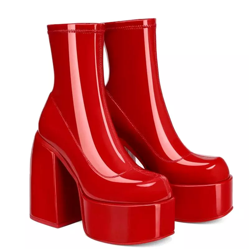 Red Chunky Block Platform Boots