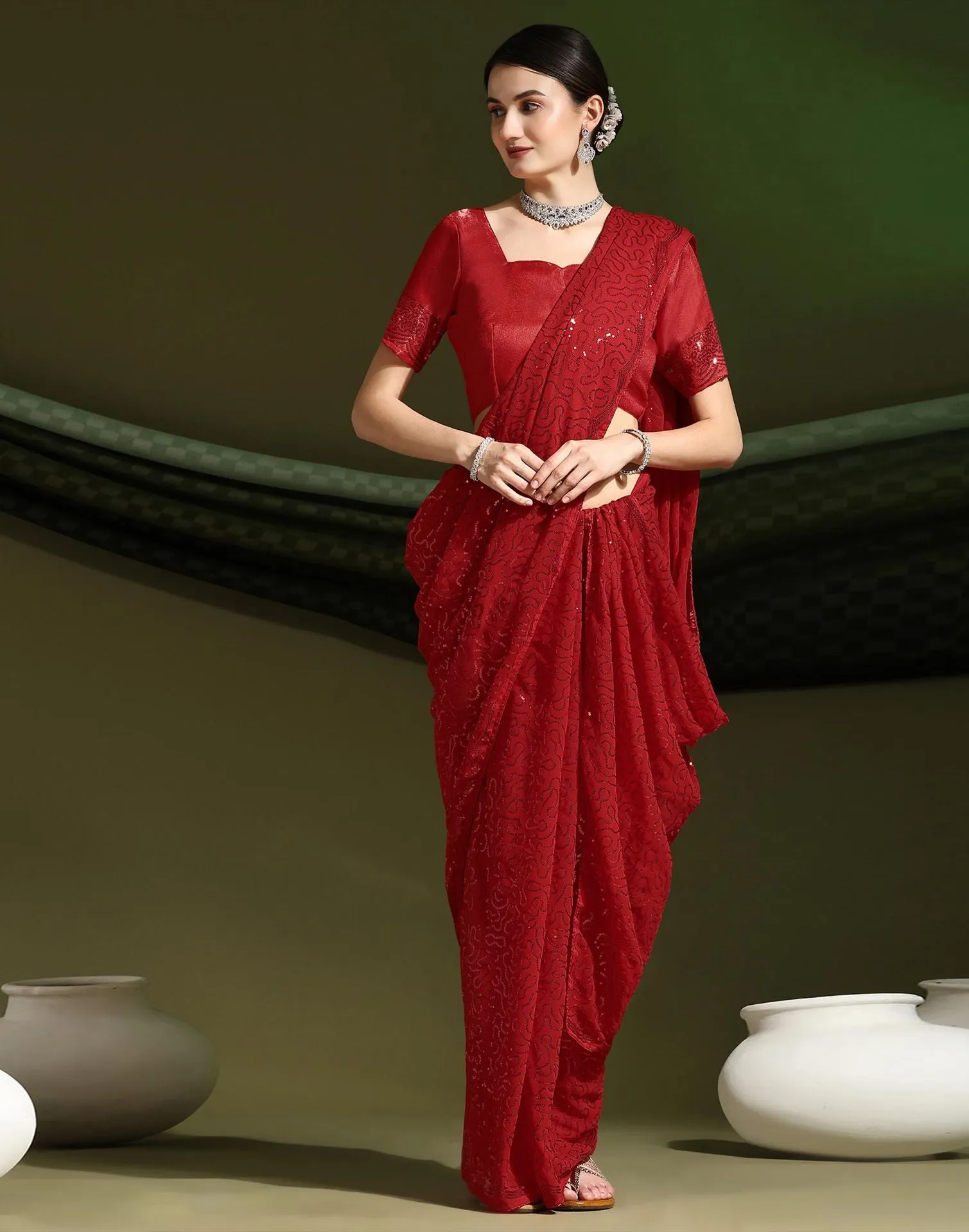 Red Sequence Saree