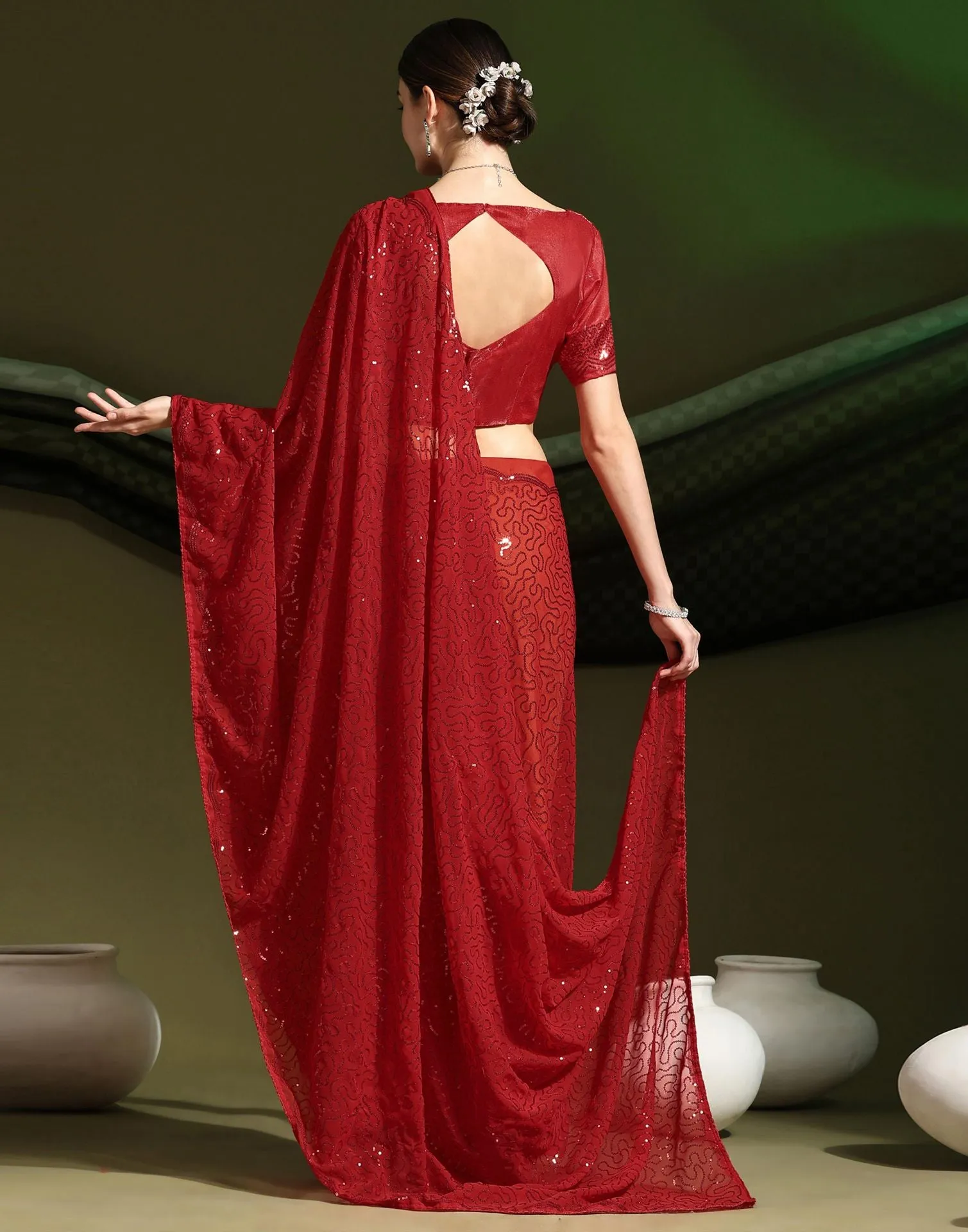 Red Sequence Saree