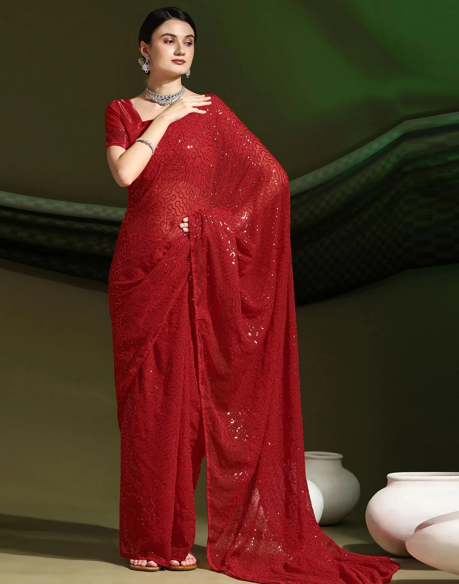 Red Sequence Saree