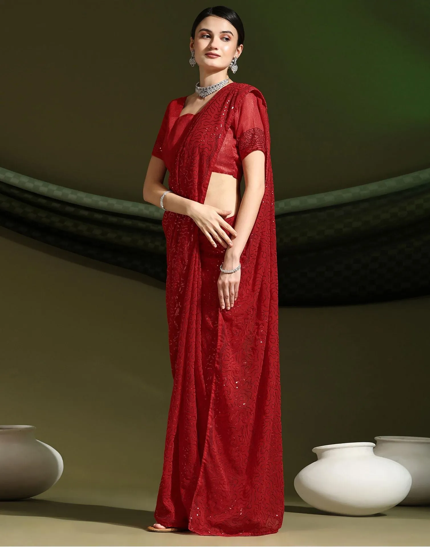 Red Sequence Saree