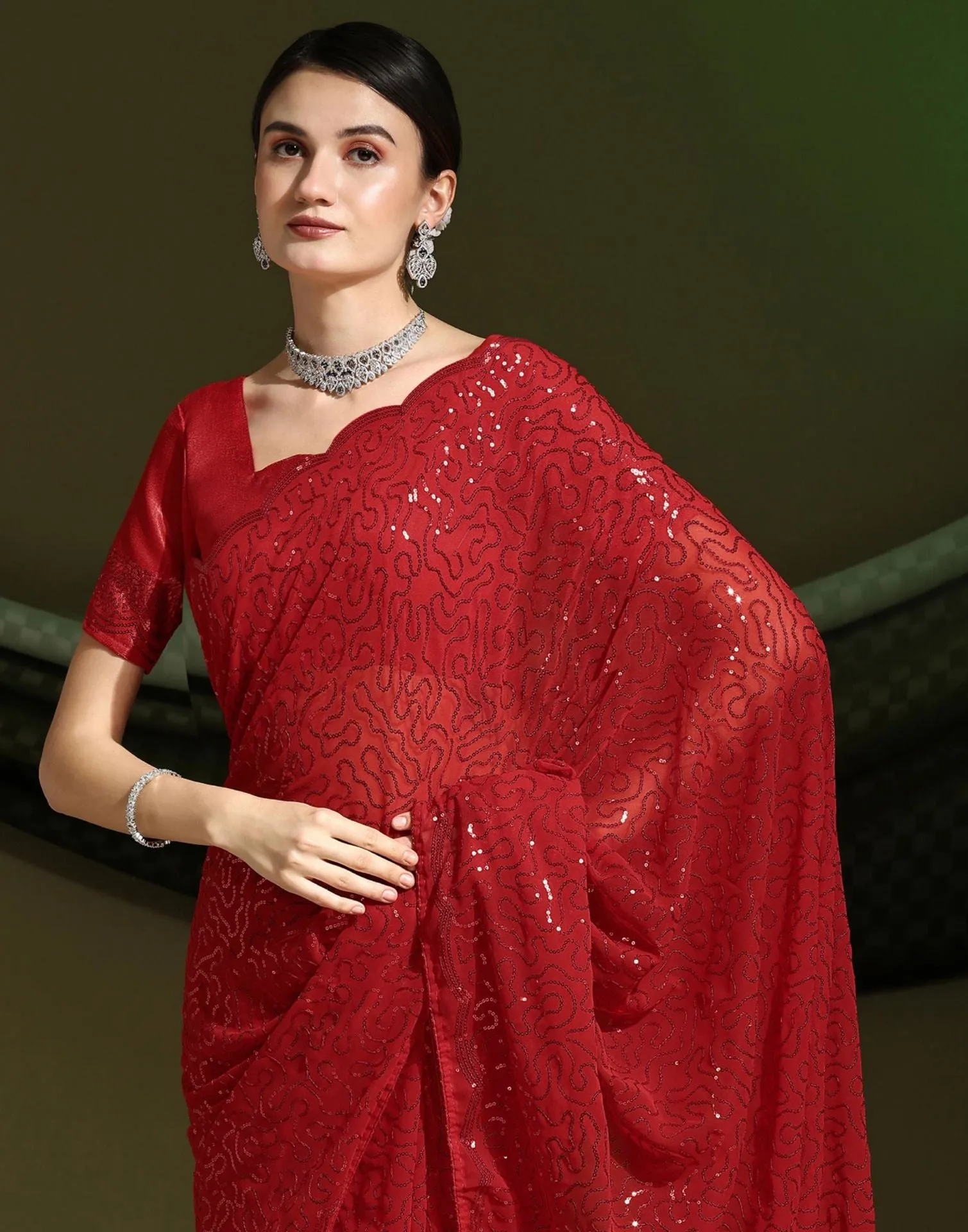 Red Sequence Saree