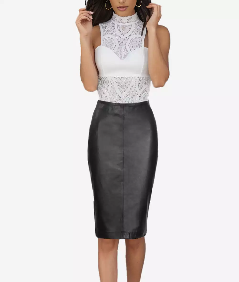 Rosa Black Midi Leather Skirt for Women with Polyester Lining