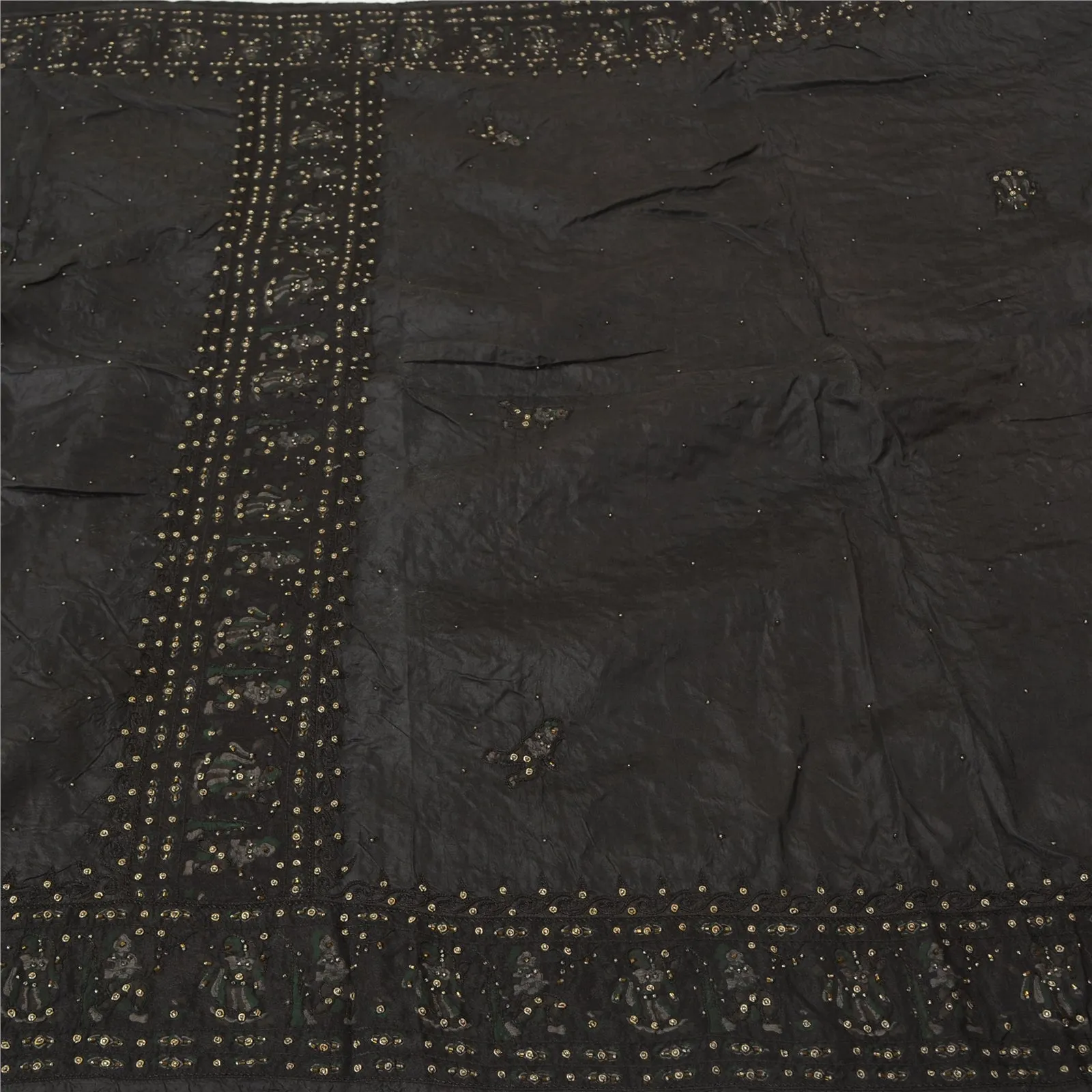 Sanskriti Vintage Black Sarees Pure Silk Hand Beaded Premium Sari Craft Fabric