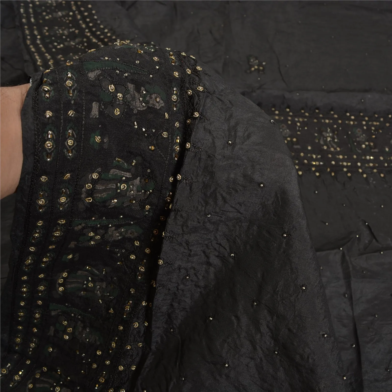 Sanskriti Vintage Black Sarees Pure Silk Hand Beaded Premium Sari Craft Fabric