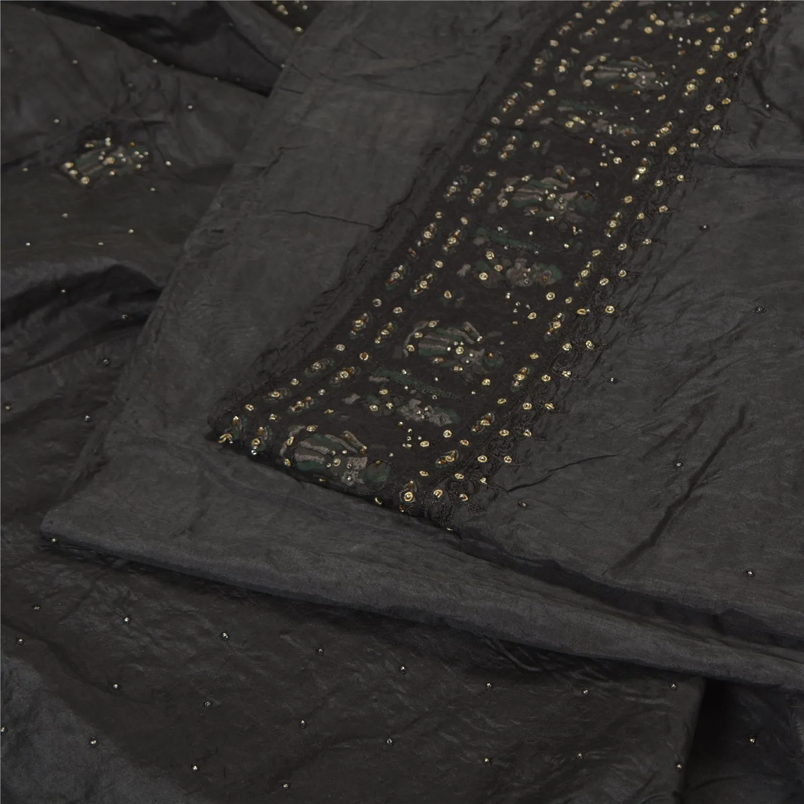 Sanskriti Vintage Black Sarees Pure Silk Hand Beaded Premium Sari Craft Fabric