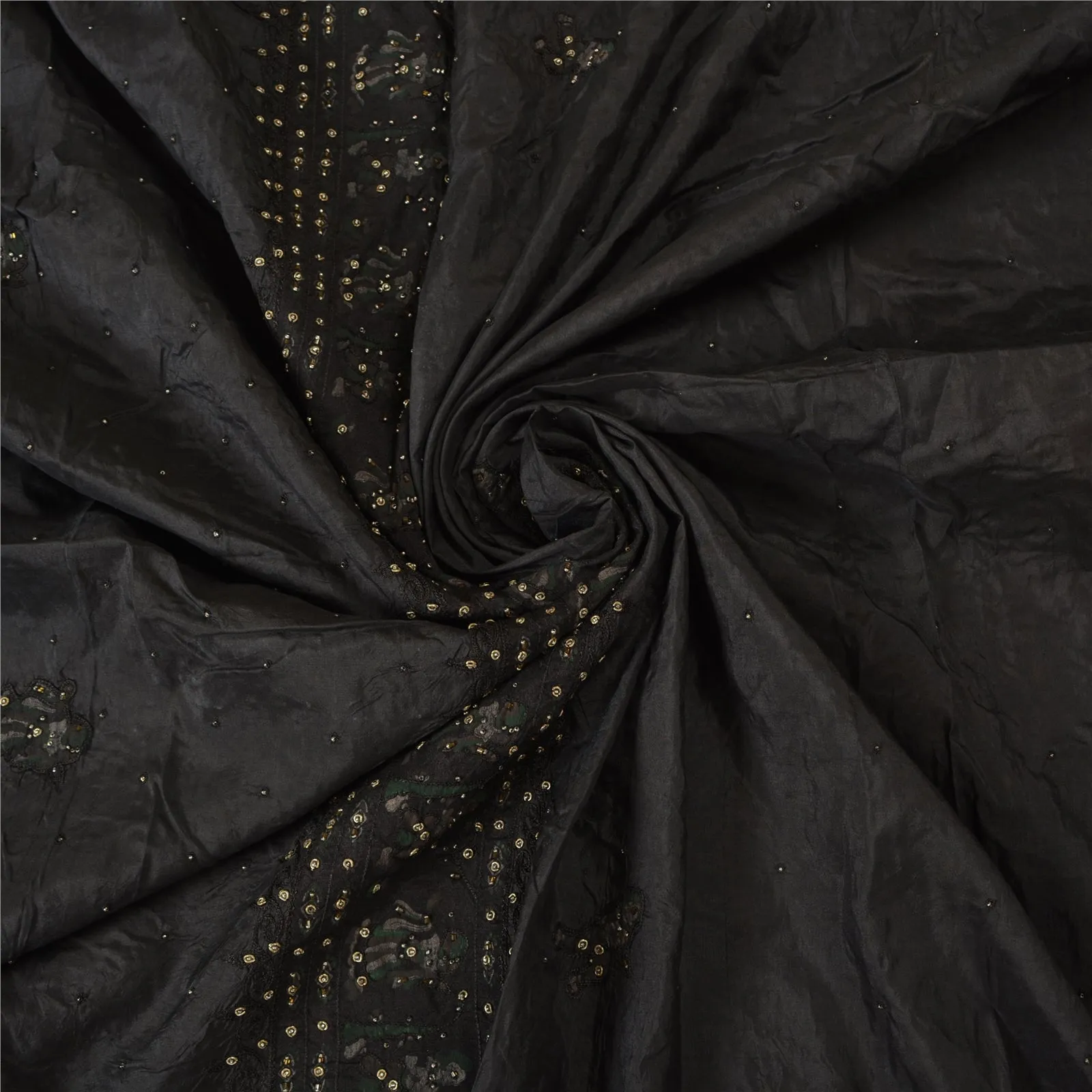 Sanskriti Vintage Black Sarees Pure Silk Hand Beaded Premium Sari Craft Fabric