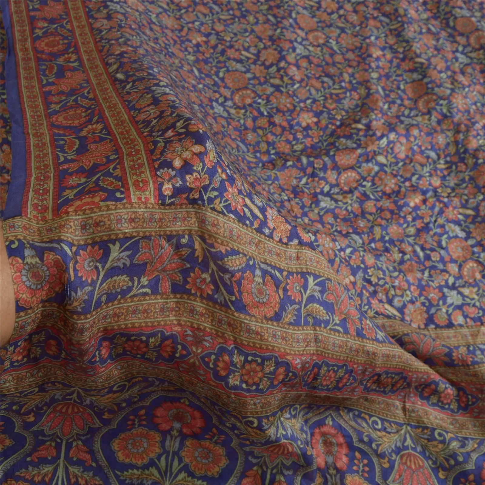 Sanskriti Vintage Blue Sarees 100% Pure Silk Printed Sari Craft 5 Yard Fabric