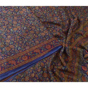 Sanskriti Vintage Blue Sarees 100% Pure Silk Printed Sari Craft 5 Yard Fabric