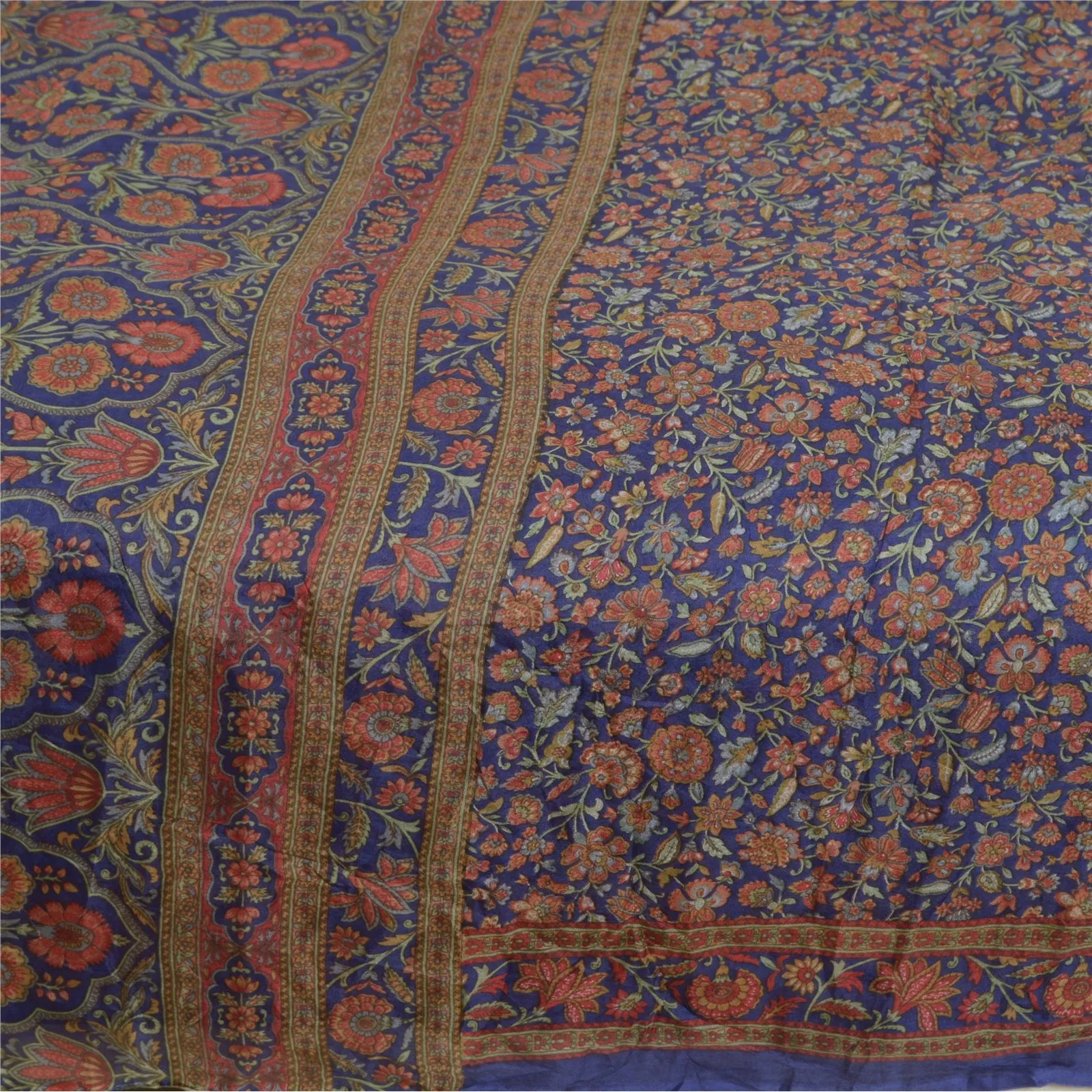 Sanskriti Vintage Blue Sarees 100% Pure Silk Printed Sari Craft 5 Yard Fabric