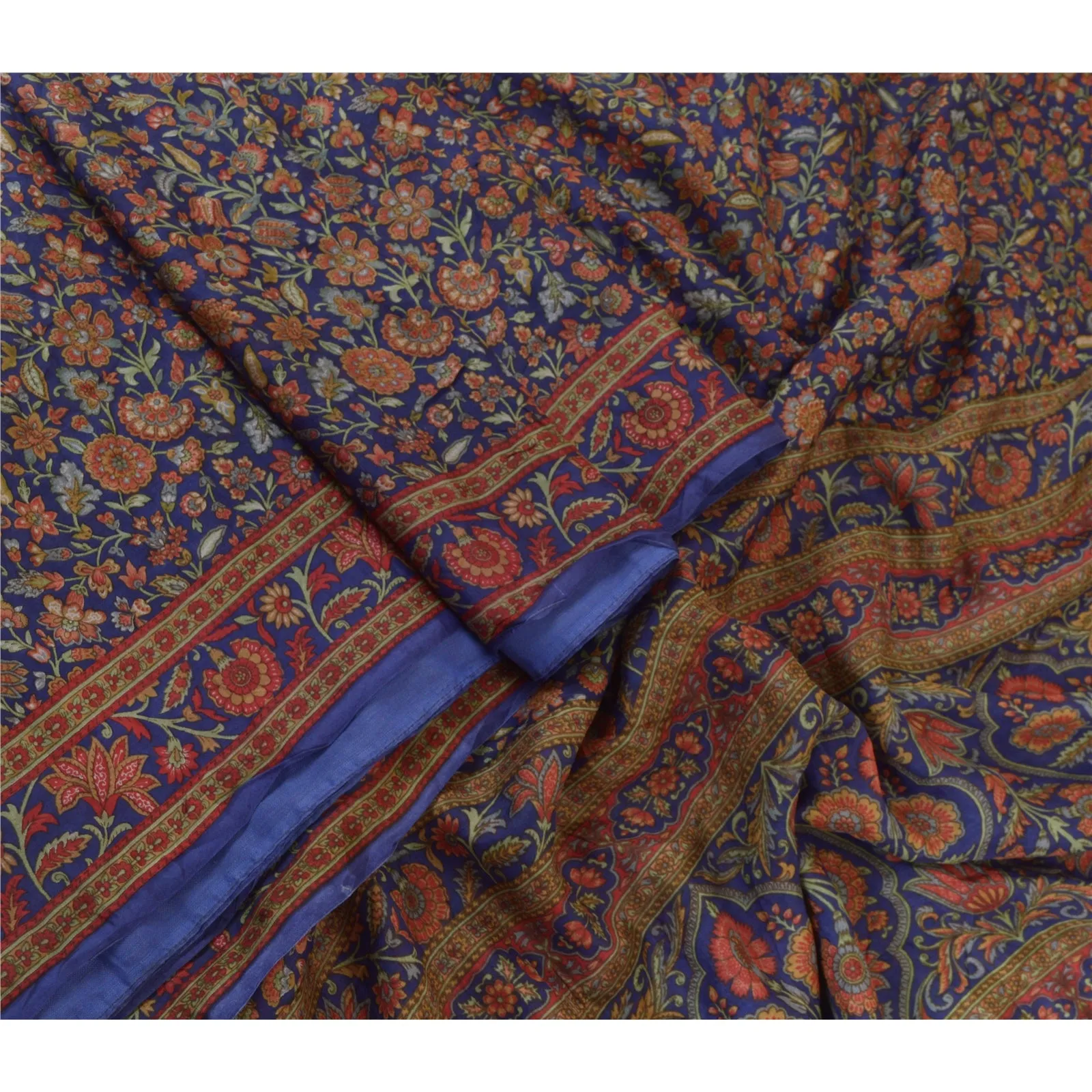 Sanskriti Vintage Blue Sarees 100% Pure Silk Printed Sari Craft 5 Yard Fabric