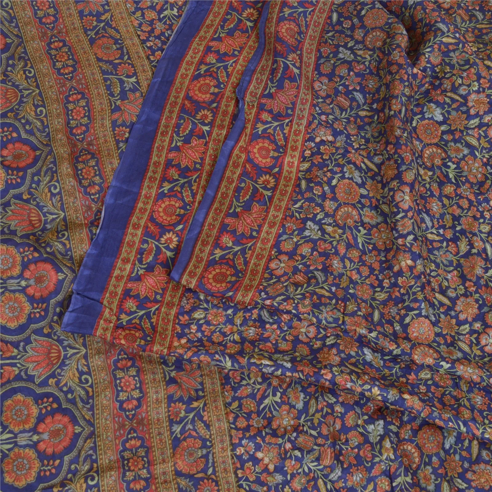 Sanskriti Vintage Blue Sarees 100% Pure Silk Printed Sari Craft 5 Yard Fabric