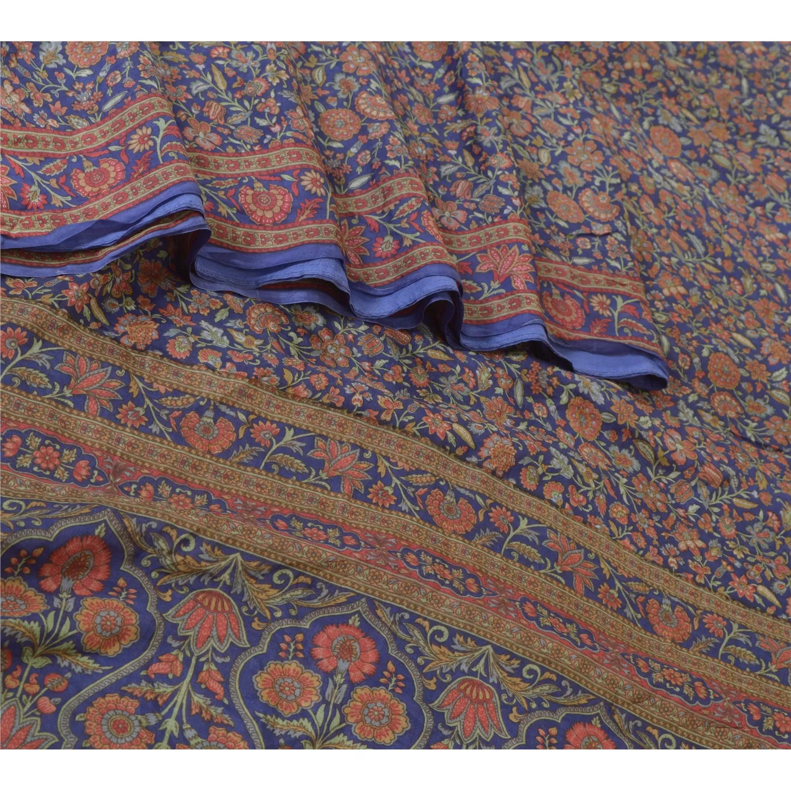 Sanskriti Vintage Blue Sarees 100% Pure Silk Printed Sari Craft 5 Yard Fabric