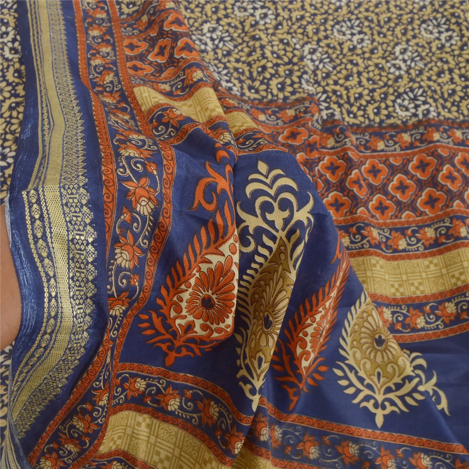 Sanskriti Vintage Blue Sarees Moss Crepe Printed Sari Floral 5yd Craft Fabric