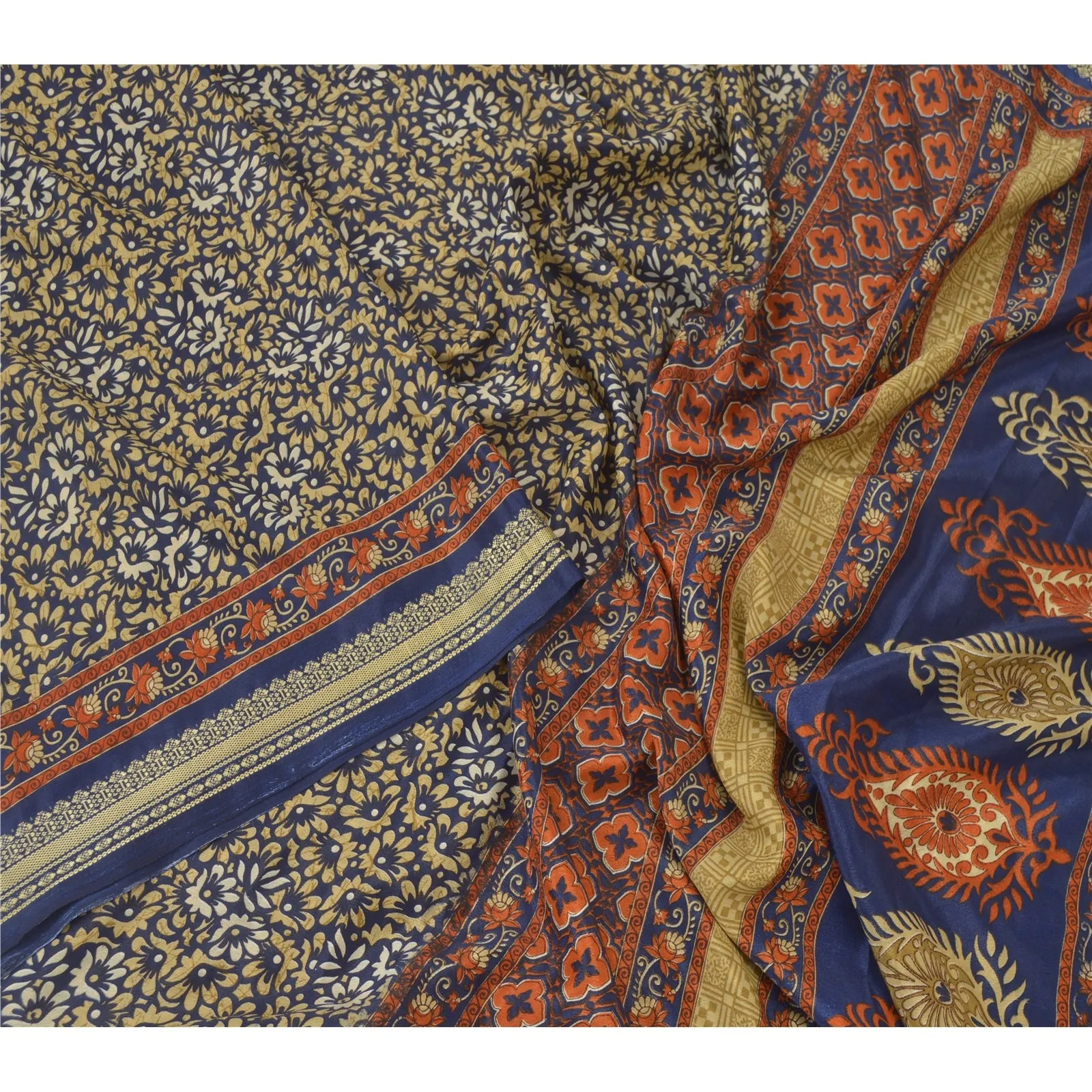 Sanskriti Vintage Blue Sarees Moss Crepe Printed Sari Floral 5yd Craft Fabric