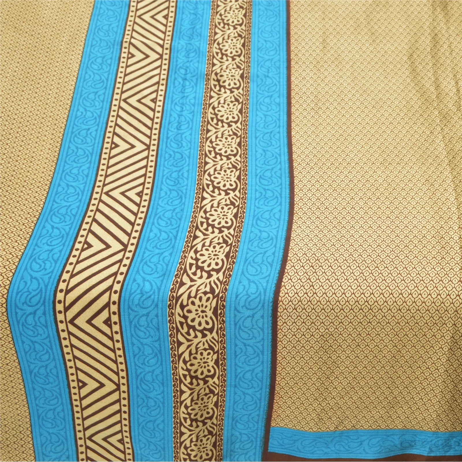 Sanskriti Vintage Cream Indian Sari Art Silk Fabric Craft Printed 5 Yard Sarees