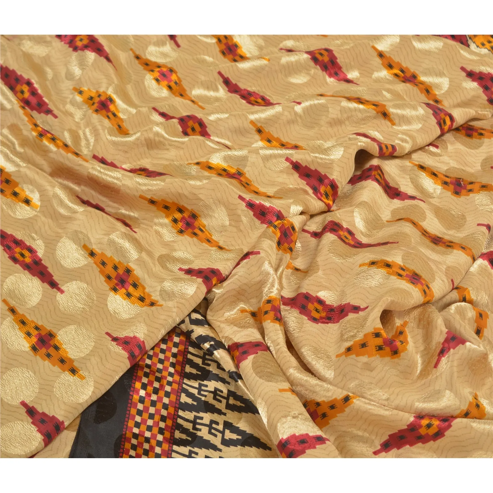 Sanskriti Vintage Cream Sarees Moss Crepe Printed Craft Fabric Sari