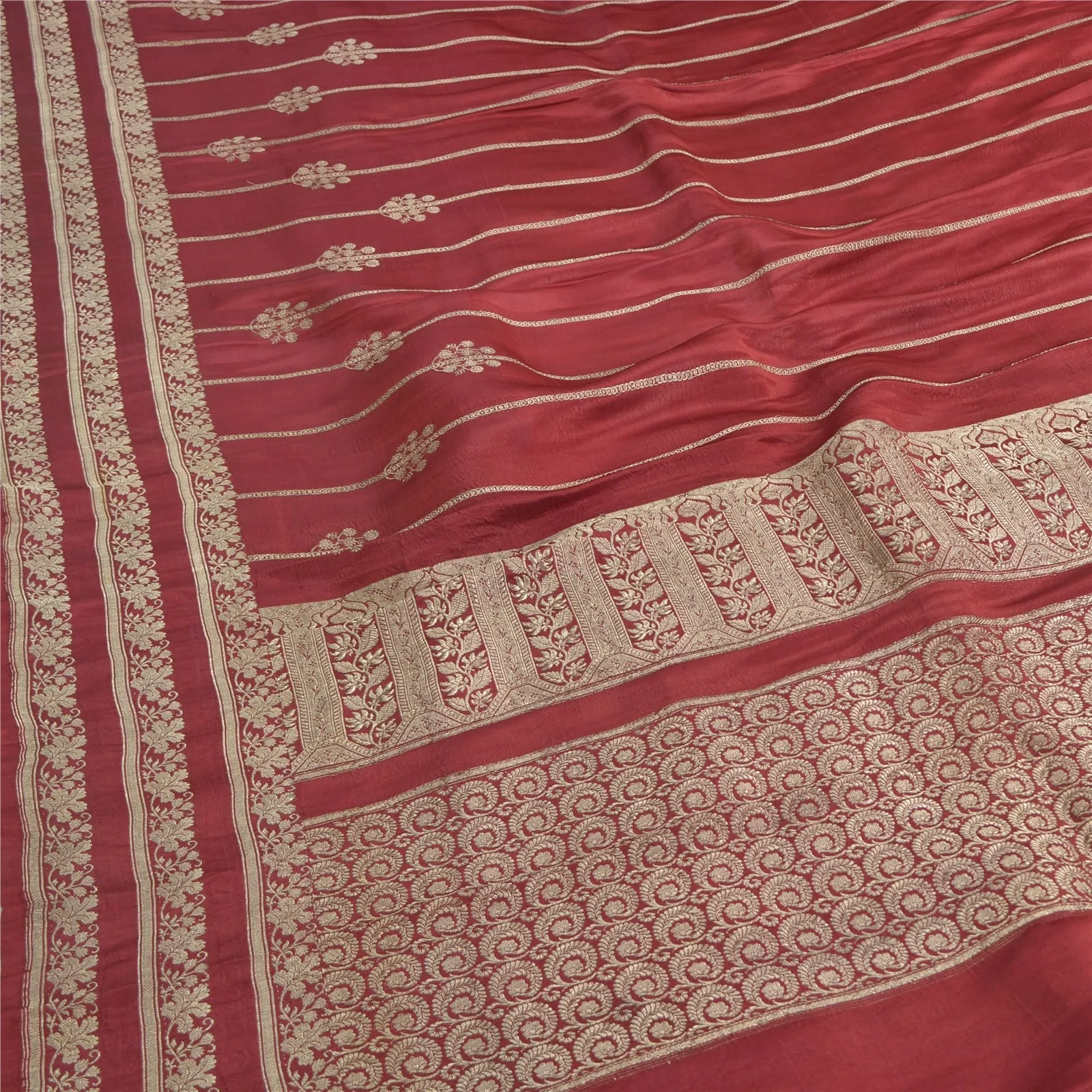 Sanskriti Vintage Dark Red Sarees Pure Satin Silk Brocade/Banarasi Sari Fabric