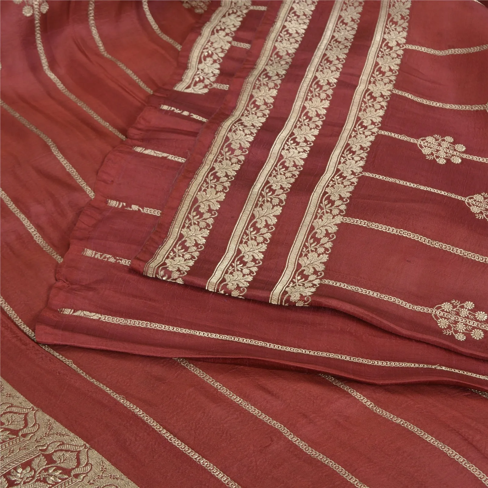 Sanskriti Vintage Dark Red Sarees Pure Satin Silk Brocade/Banarasi Sari Fabric