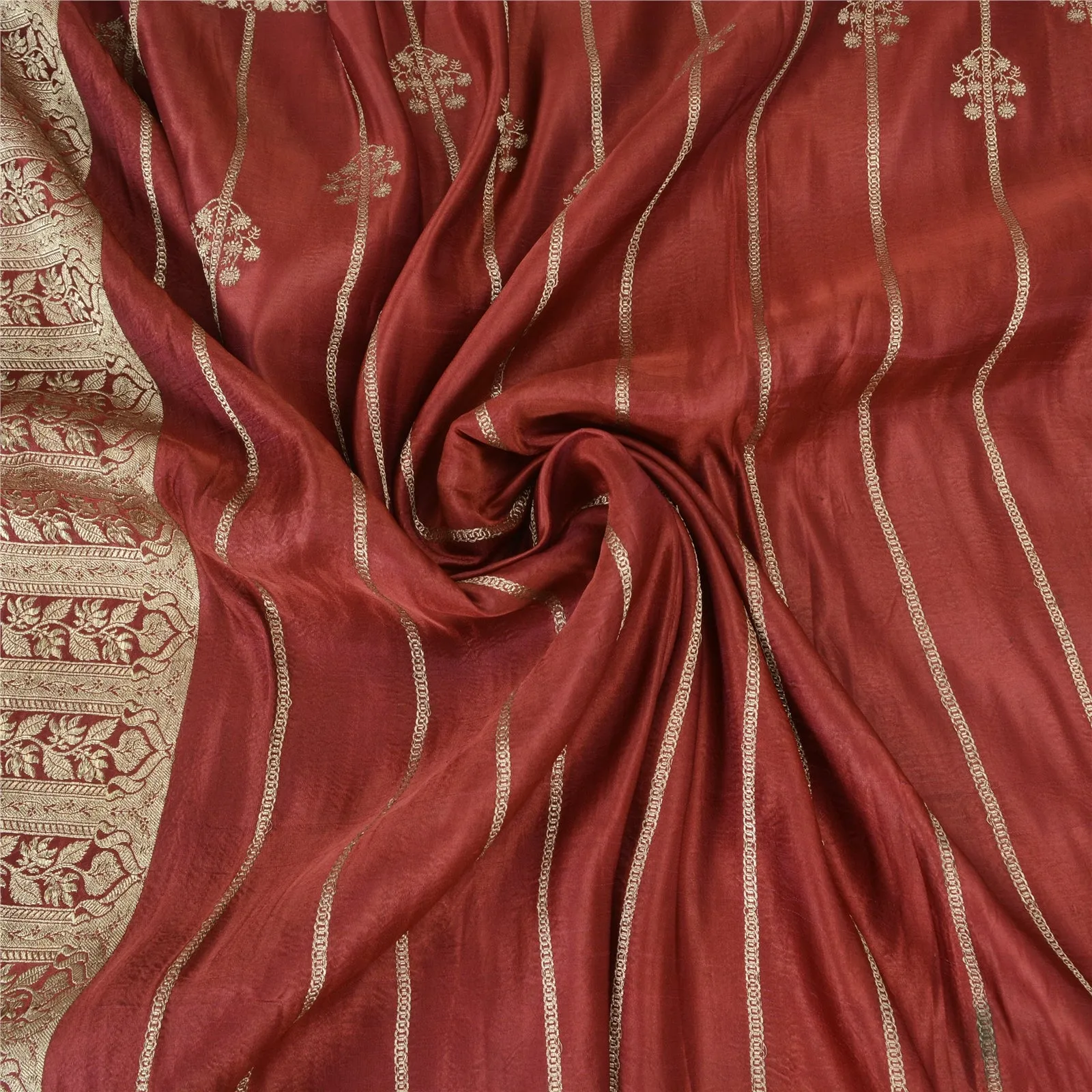 Sanskriti Vintage Dark Red Sarees Pure Satin Silk Brocade/Banarasi Sari Fabric