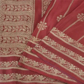 Sanskriti Vintage Dark Red Sarees Pure Satin Silk Brocade/Banarasi Sari Fabric