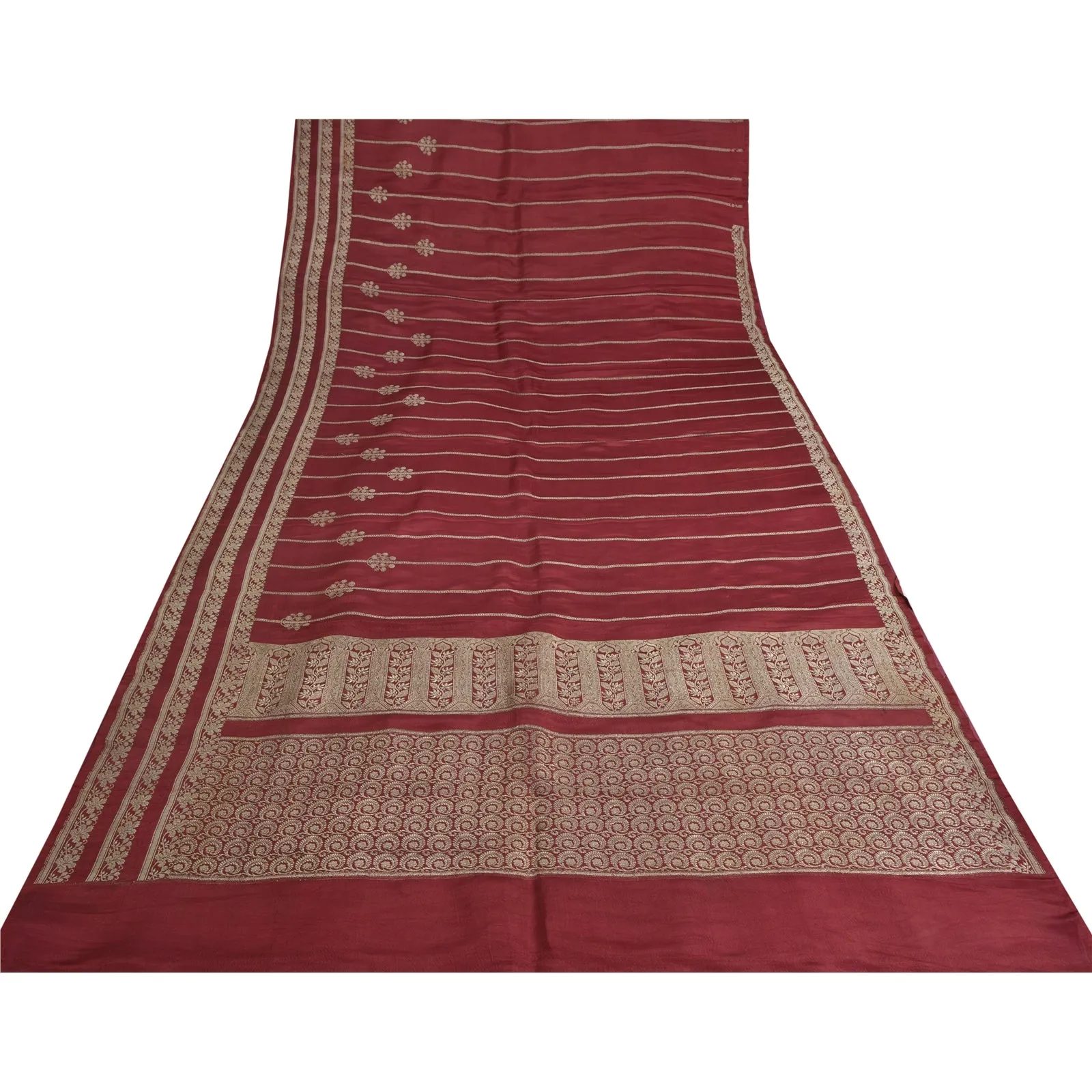 Sanskriti Vintage Dark Red Sarees Pure Satin Silk Brocade/Banarasi Sari Fabric