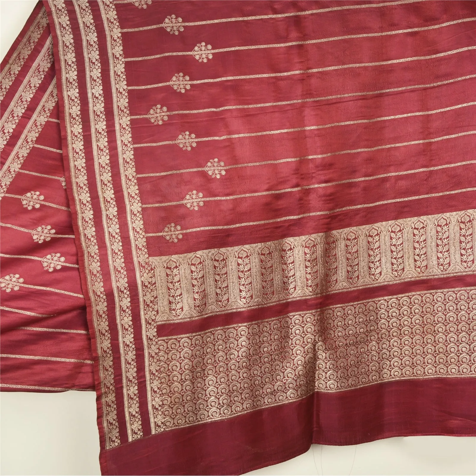 Sanskriti Vintage Dark Red Sarees Pure Satin Silk Brocade/Banarasi Sari Fabric