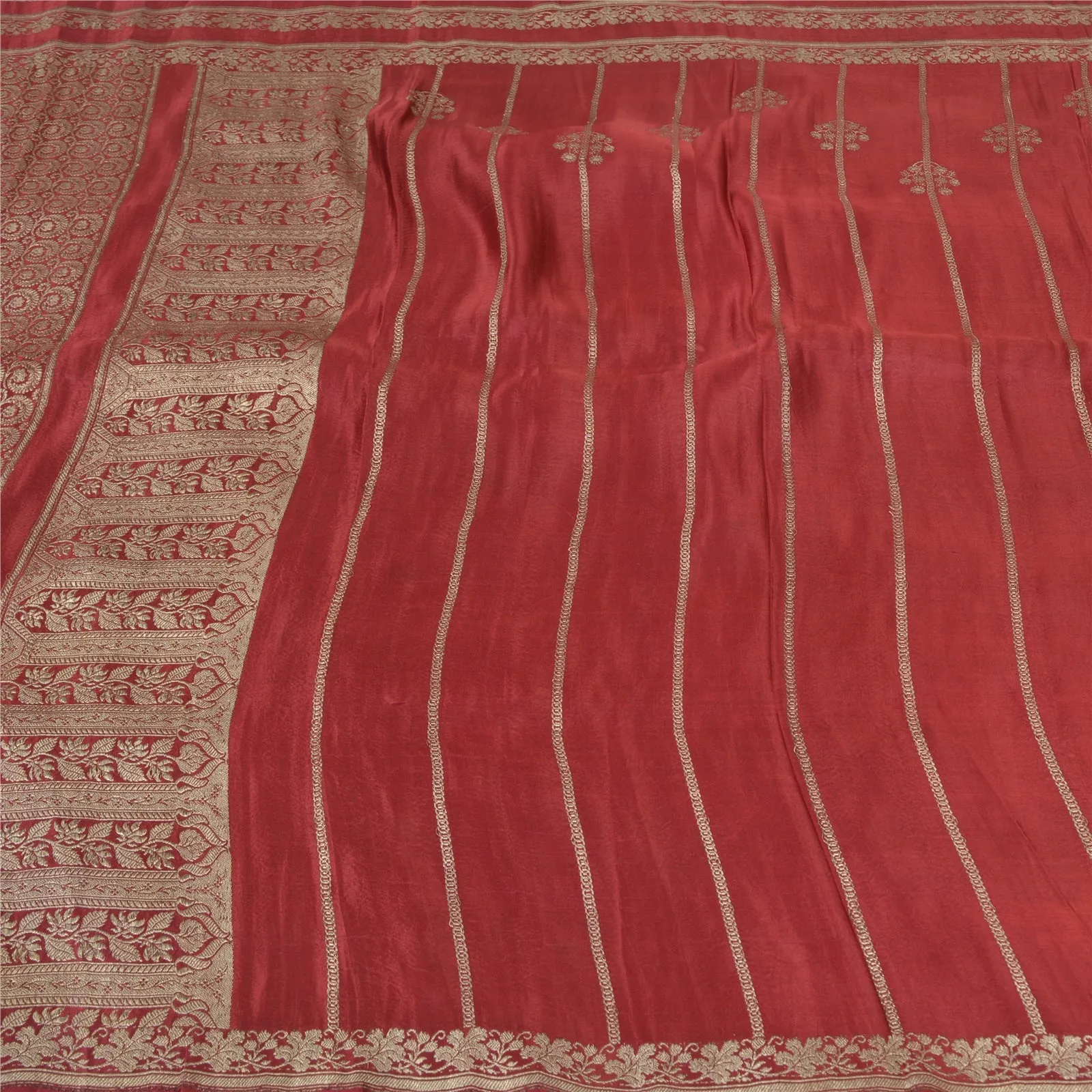 Sanskriti Vintage Dark Red Sarees Pure Satin Silk Brocade/Banarasi Sari Fabric