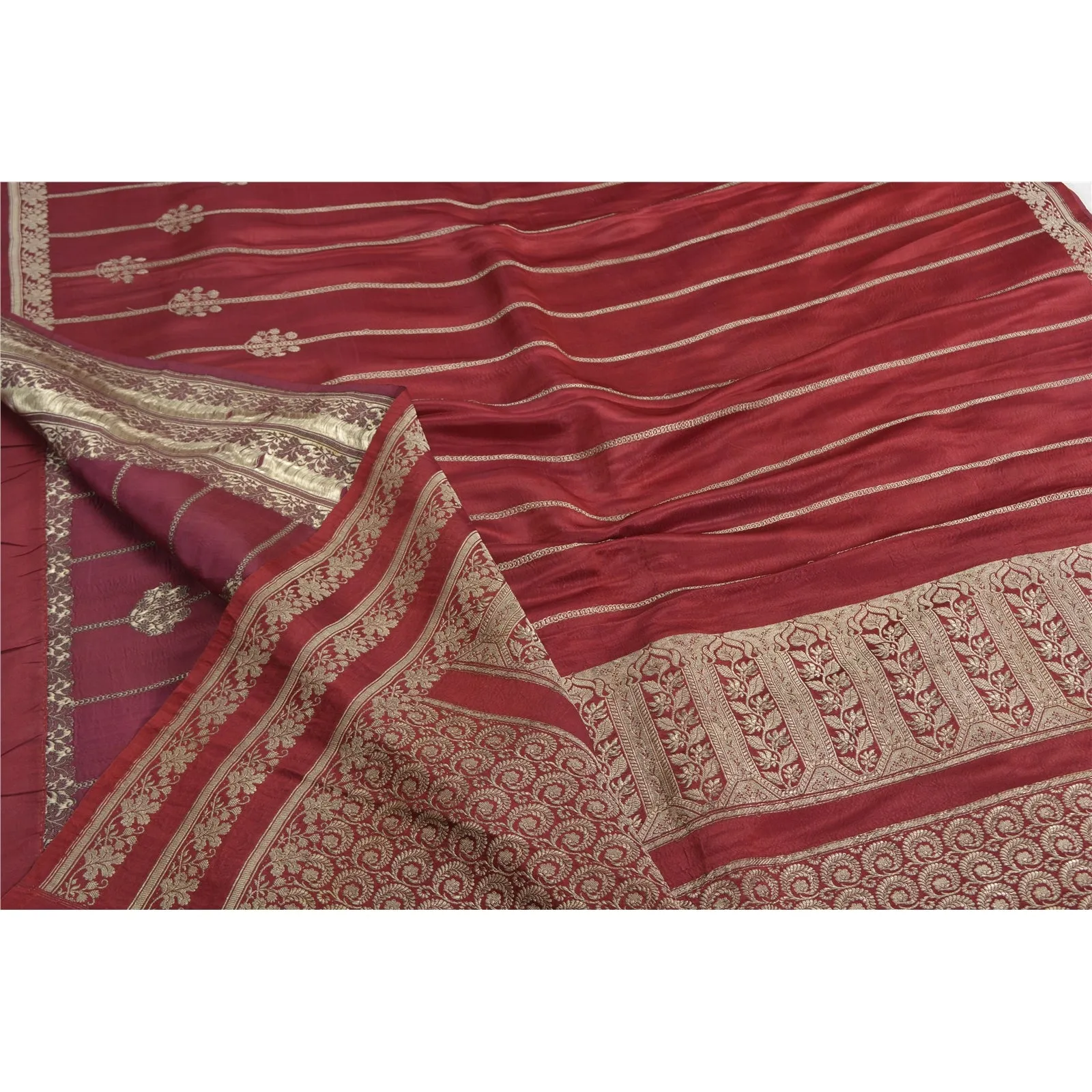 Sanskriti Vintage Dark Red Sarees Pure Satin Silk Brocade/Banarasi Sari Fabric