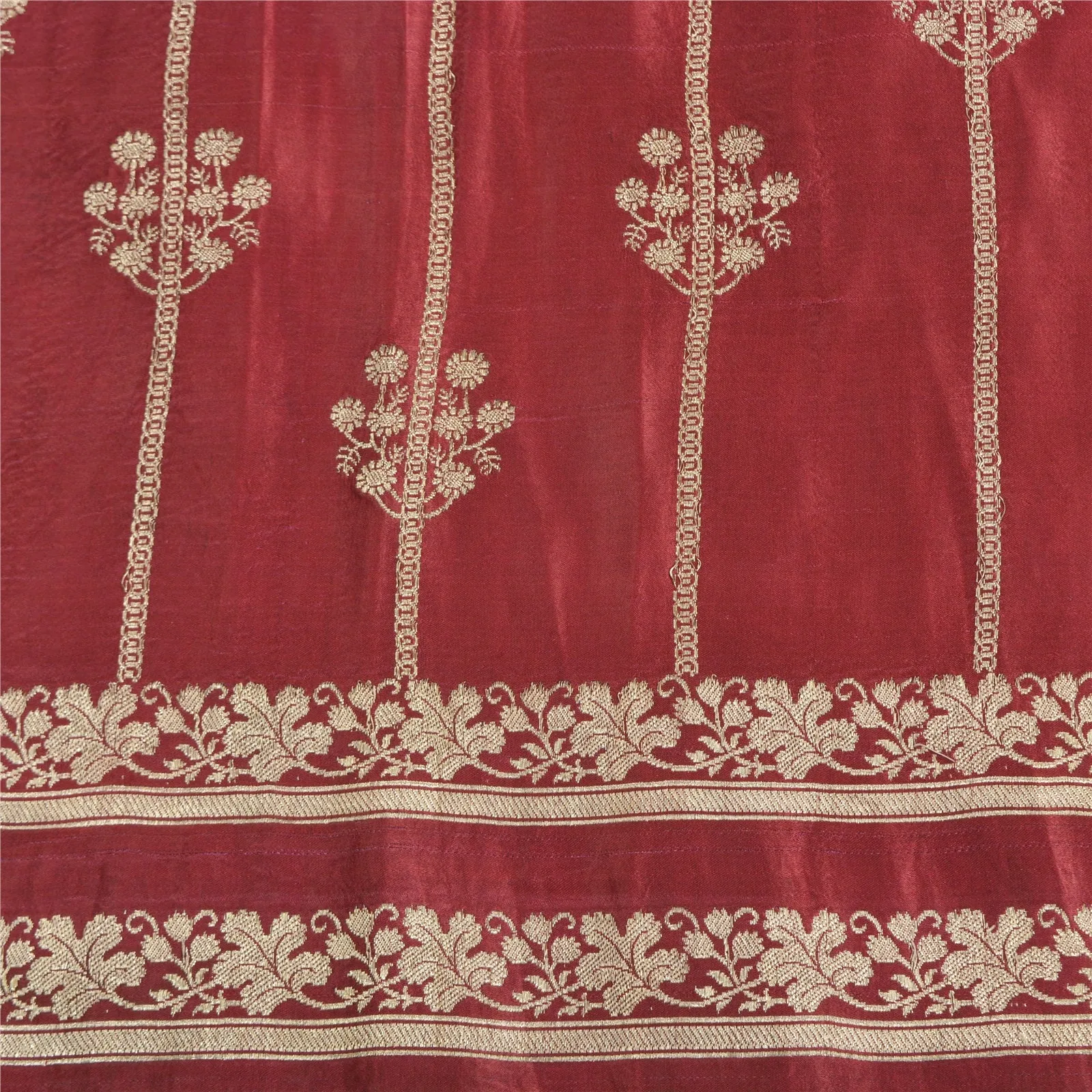 Sanskriti Vintage Dark Red Sarees Pure Satin Silk Brocade/Banarasi Sari Fabric