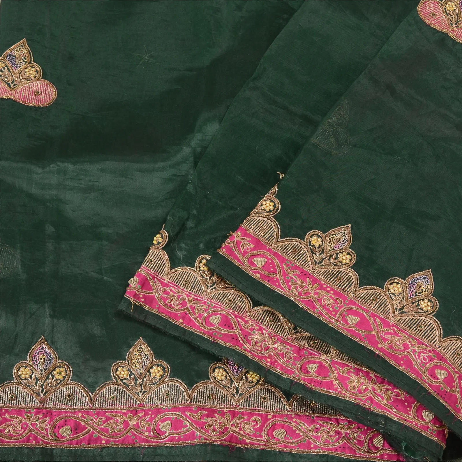 Sanskriti Vintage Green Sarees Art Silk Hand Beaded Premium Sari Craft Fabric