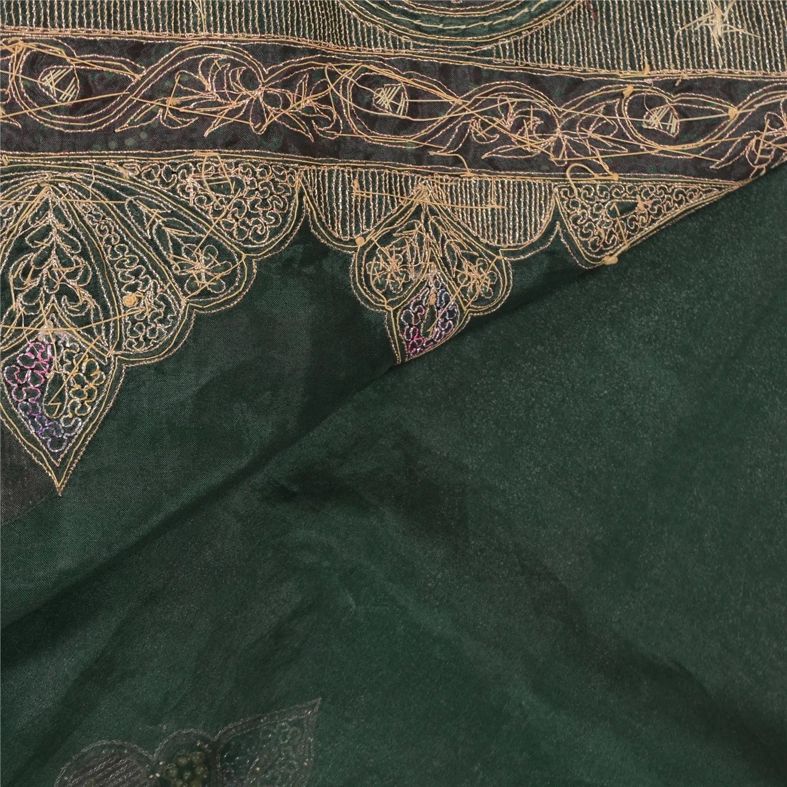 Sanskriti Vintage Green Sarees Art Silk Hand Beaded Premium Sari Craft Fabric