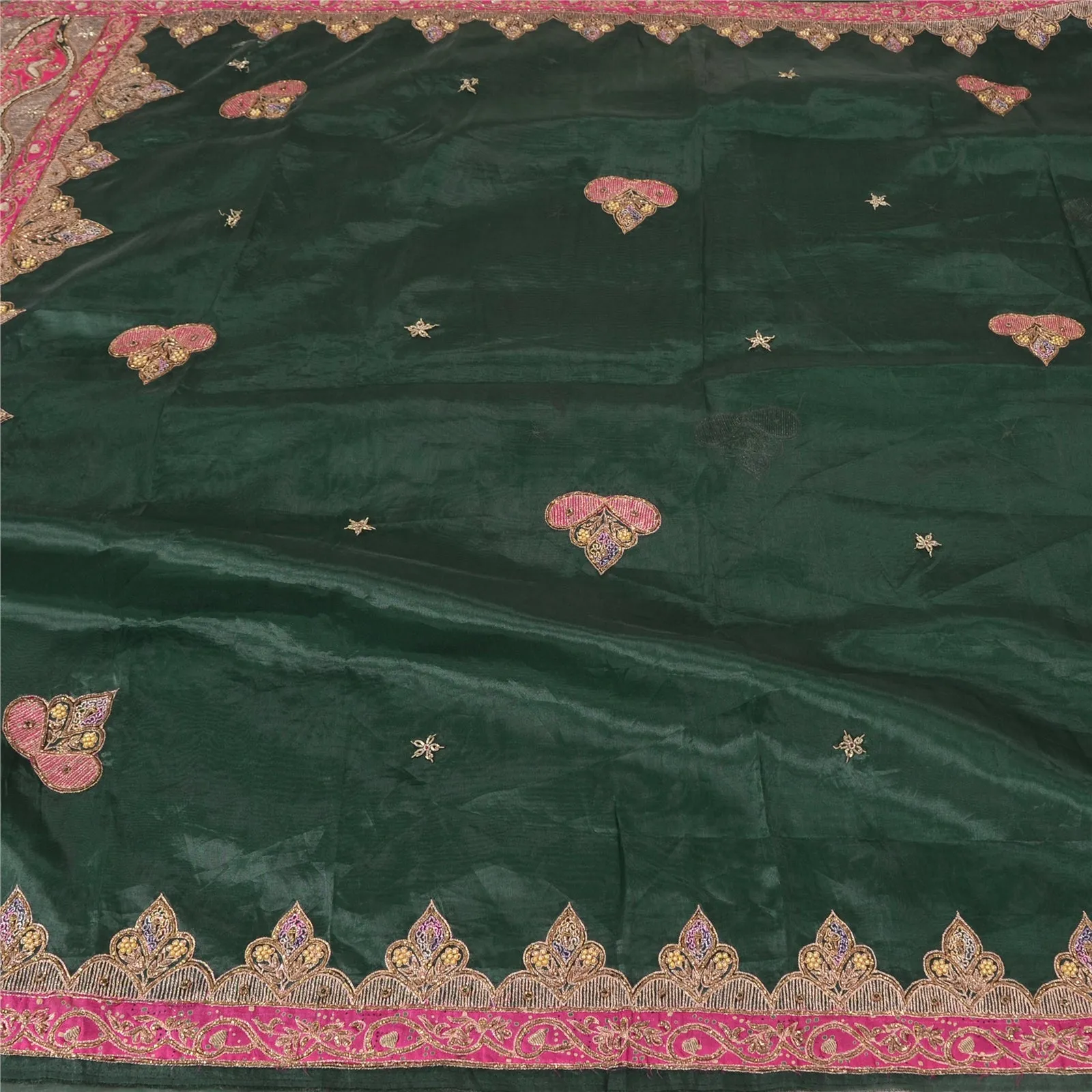 Sanskriti Vintage Green Sarees Art Silk Hand Beaded Premium Sari Craft Fabric