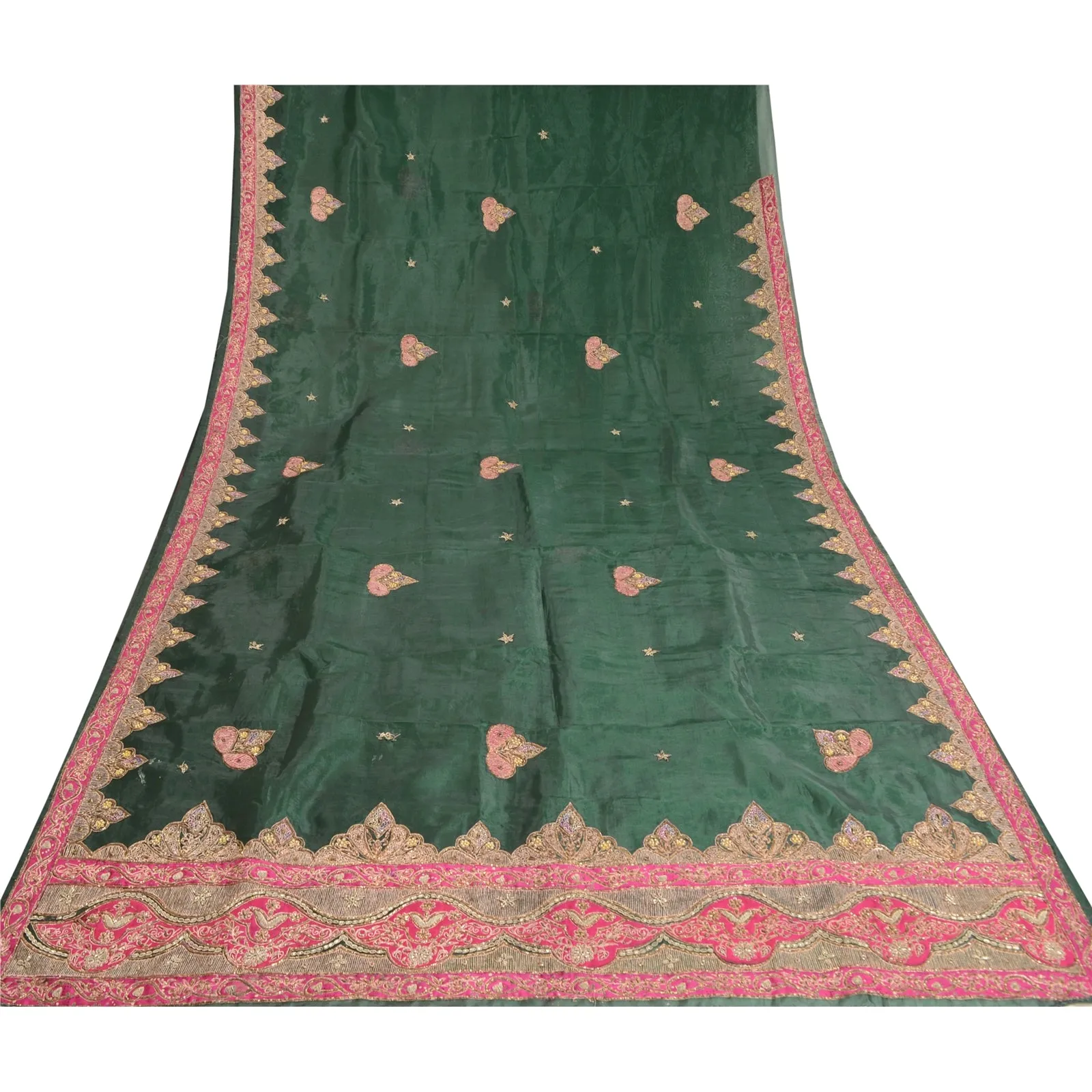 Sanskriti Vintage Green Sarees Art Silk Hand Beaded Premium Sari Craft Fabric