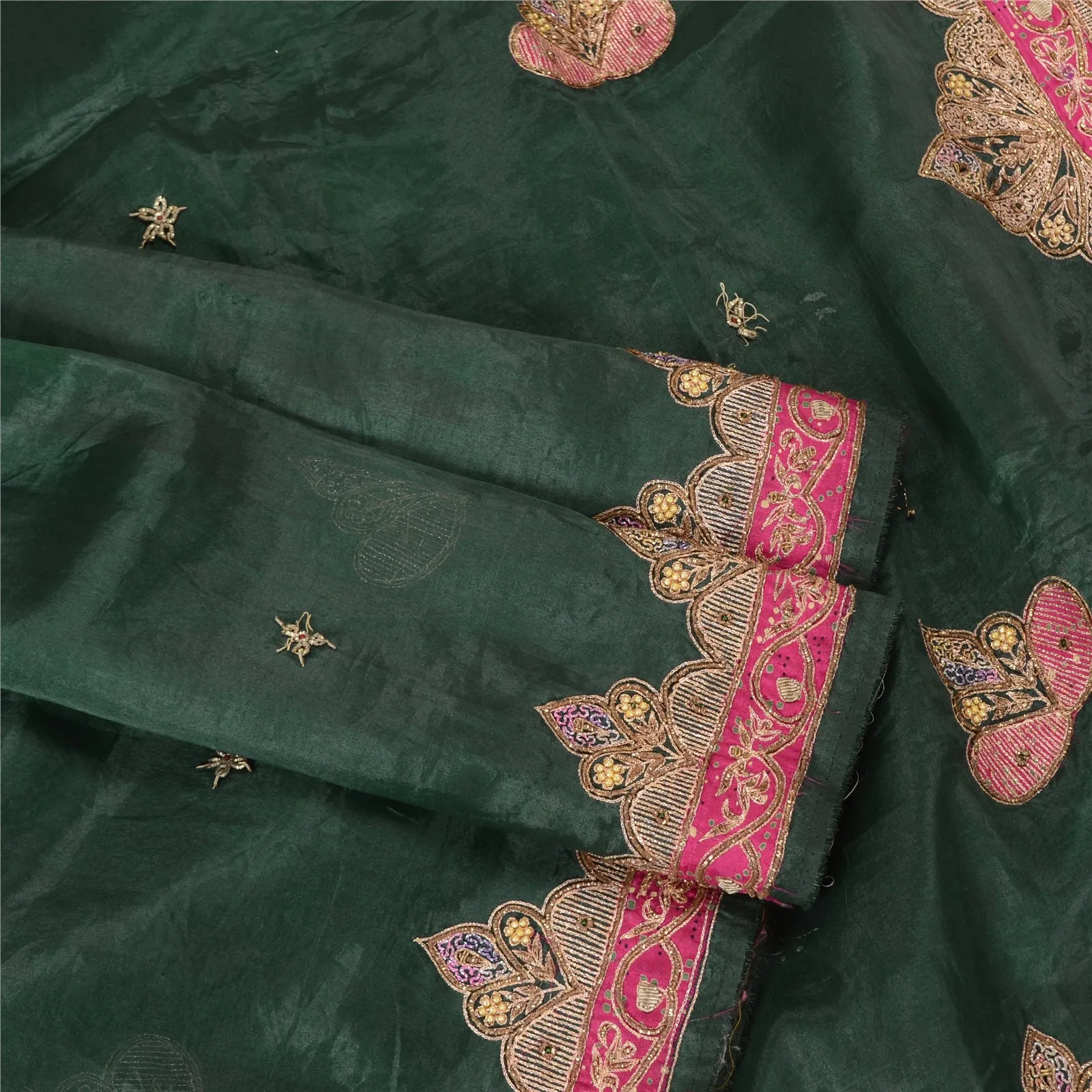 Sanskriti Vintage Green Sarees Art Silk Hand Beaded Premium Sari Craft Fabric