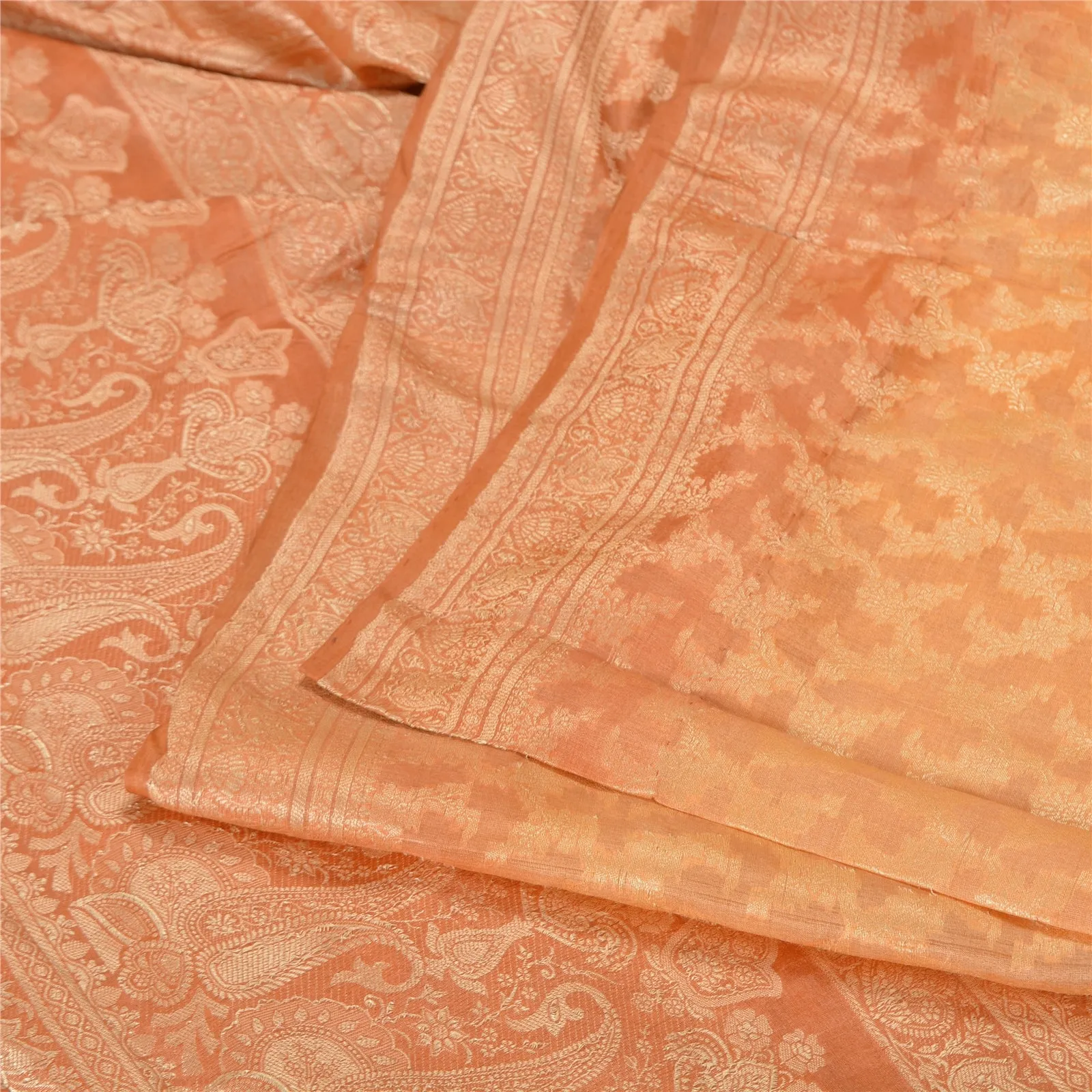 Sanskriti Vintage Peach Indian Sarees 100% Pure Silk Woven Sari 5 YD Fabric