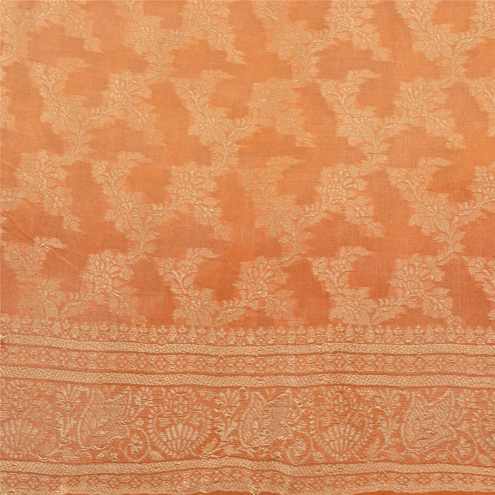 Sanskriti Vintage Peach Indian Sarees 100% Pure Silk Woven Sari 5 YD Fabric