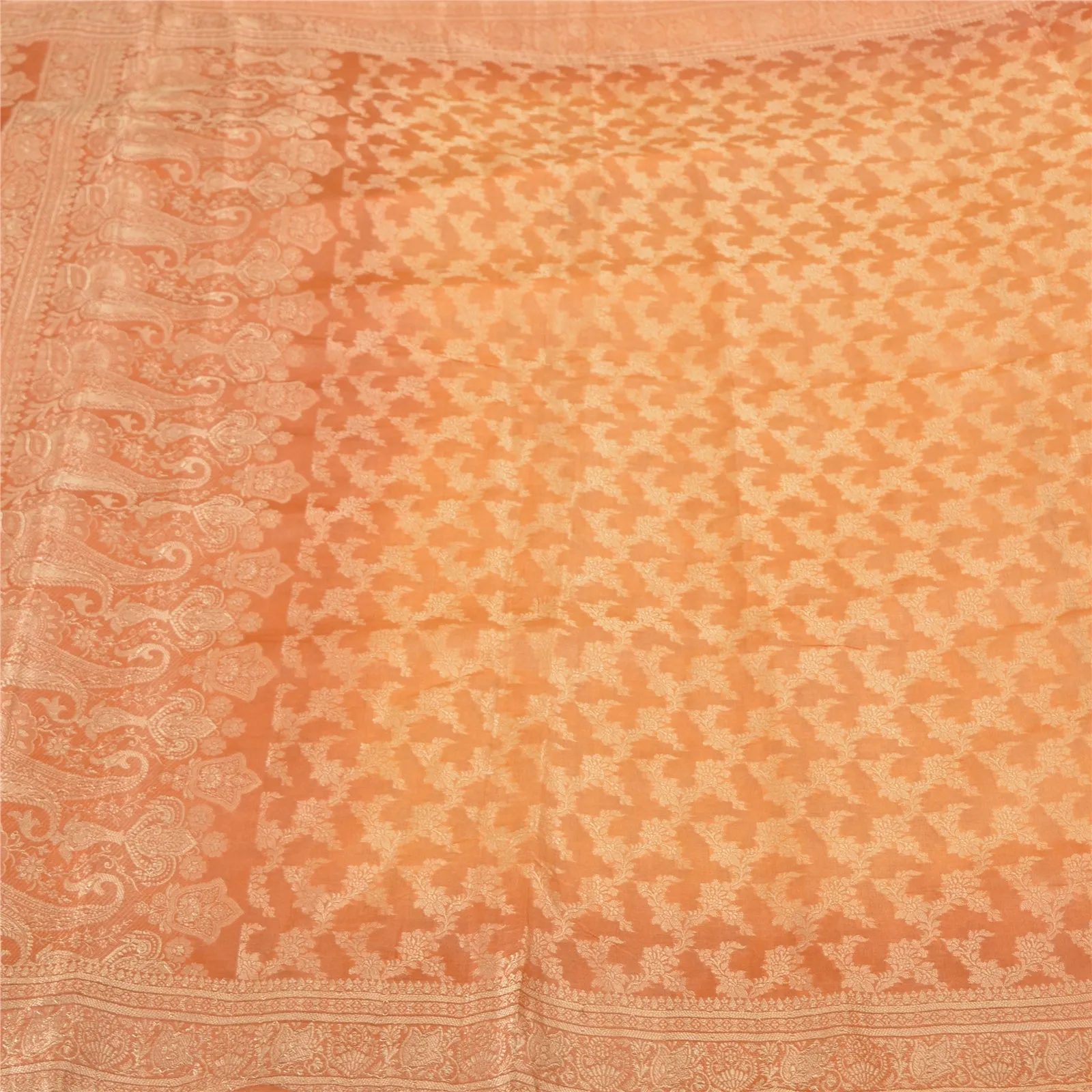 Sanskriti Vintage Peach Indian Sarees 100% Pure Silk Woven Sari 5 YD Fabric