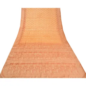 Sanskriti Vintage Peach Indian Sarees 100% Pure Silk Woven Sari 5 YD Fabric