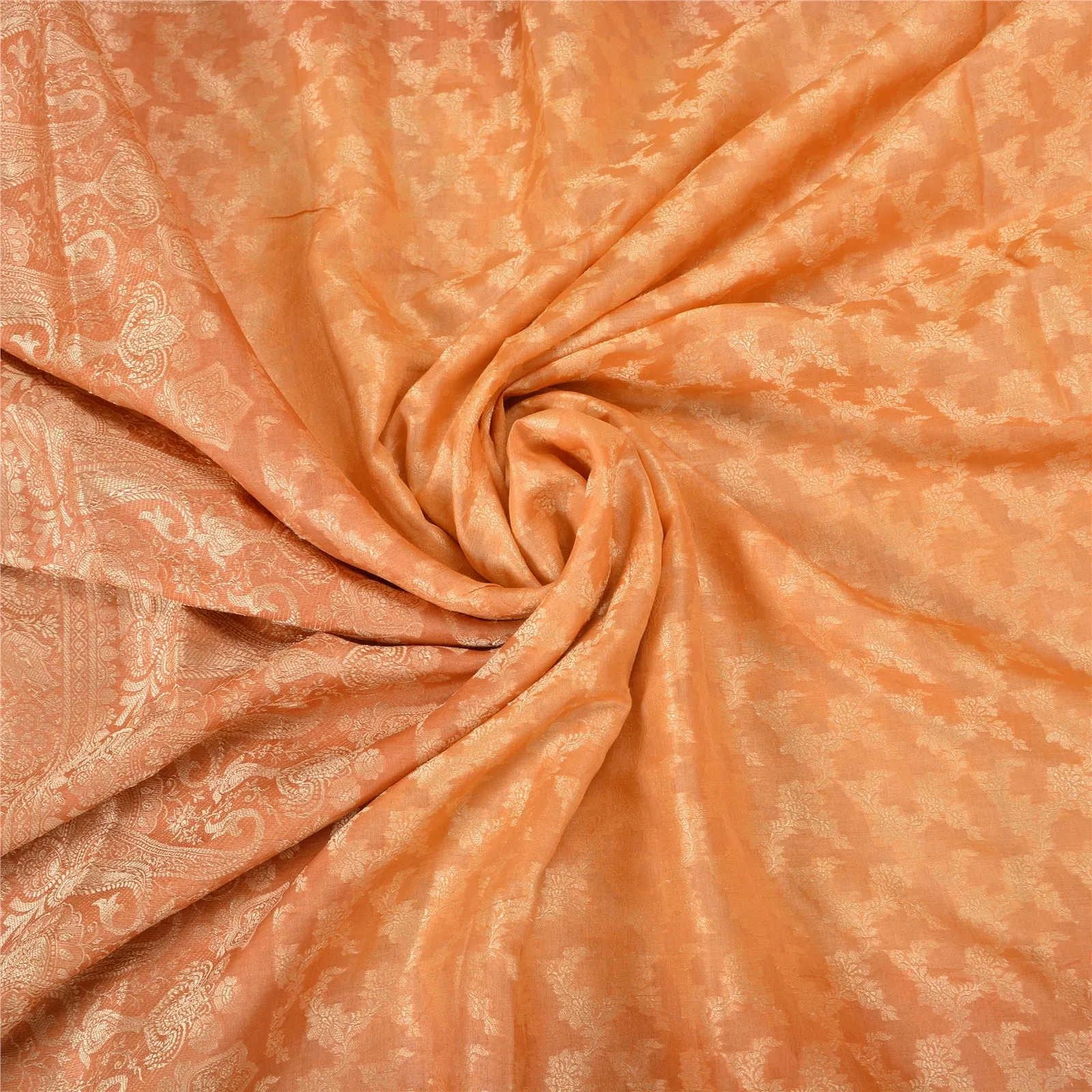 Sanskriti Vintage Peach Indian Sarees 100% Pure Silk Woven Sari 5 YD Fabric