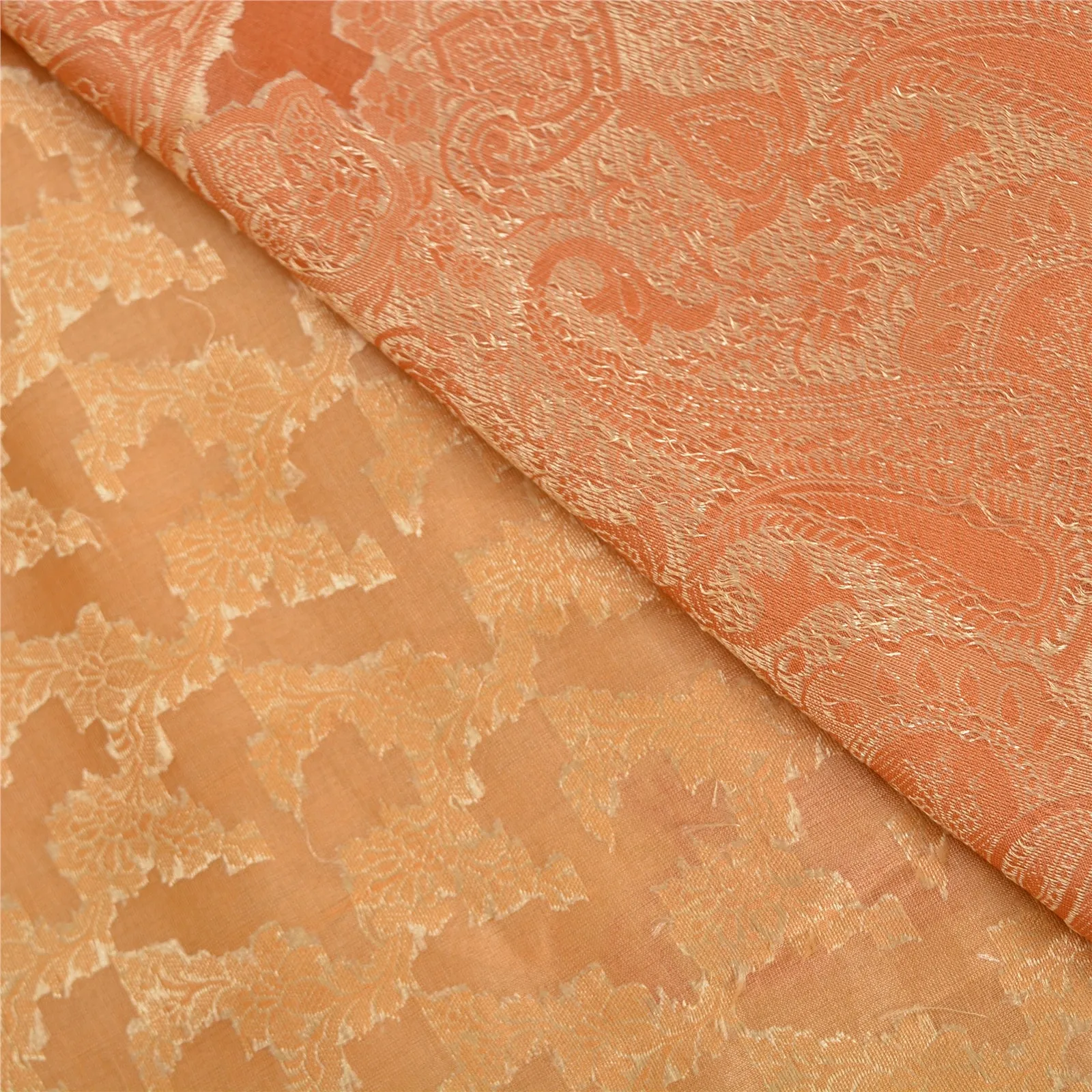 Sanskriti Vintage Peach Indian Sarees 100% Pure Silk Woven Sari 5 YD Fabric