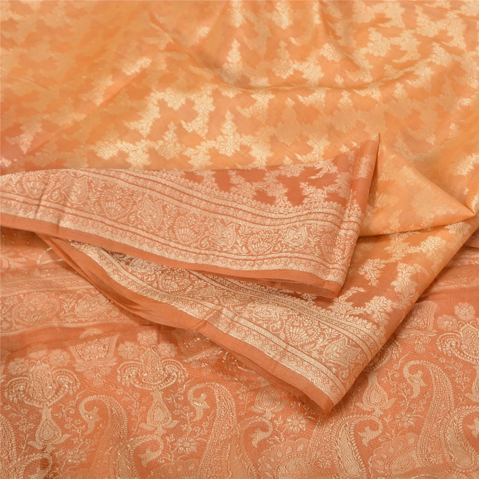 Sanskriti Vintage Peach Indian Sarees 100% Pure Silk Woven Sari 5 YD Fabric