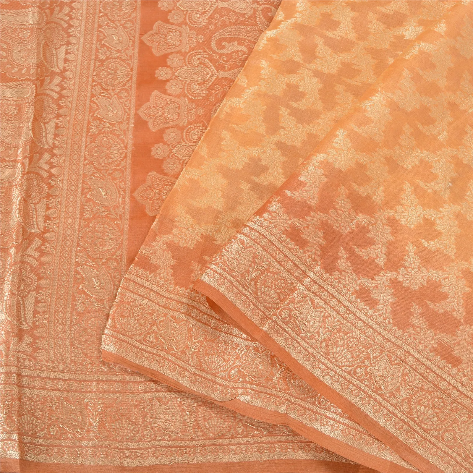 Sanskriti Vintage Peach Indian Sarees 100% Pure Silk Woven Sari 5 YD Fabric