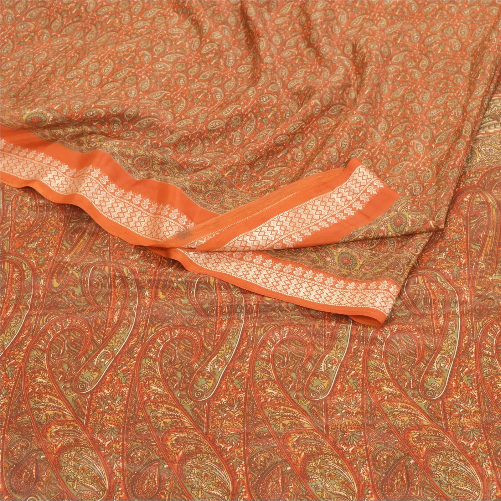 Sanskriti Vintage Rusty Orange Sarees Moss Crepe Printed Sari 5YD Craft Fabric