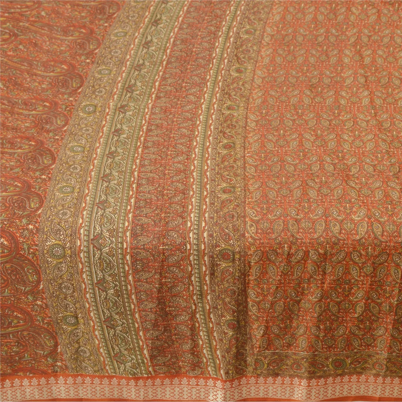 Sanskriti Vintage Rusty Orange Sarees Moss Crepe Printed Sari 5YD Craft Fabric