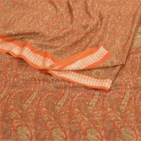 Sanskriti Vintage Rusty Orange Sarees Moss Crepe Printed Sari 5YD Craft Fabric