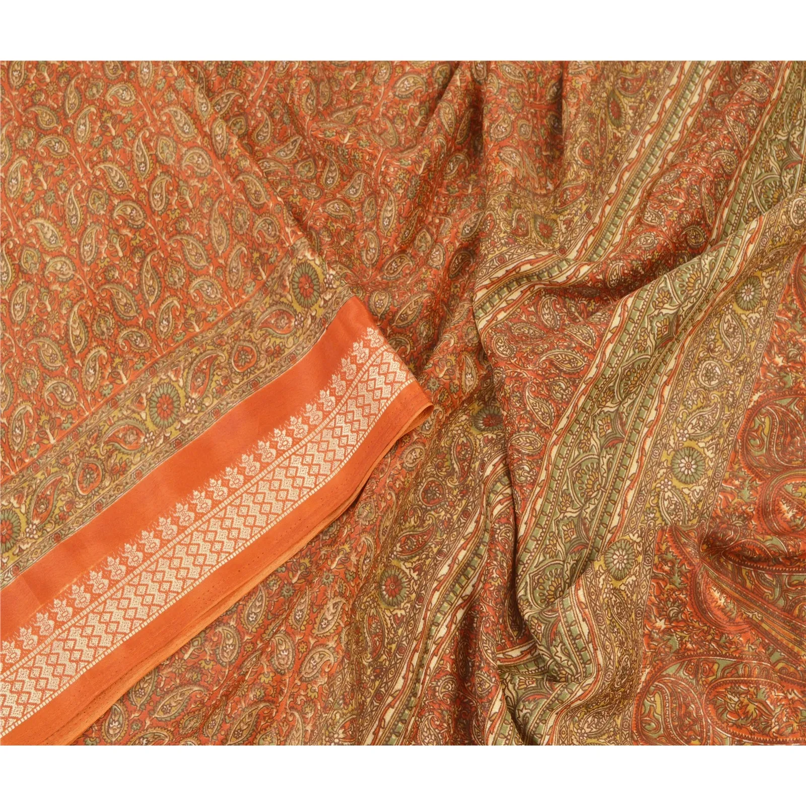 Sanskriti Vintage Rusty Orange Sarees Moss Crepe Printed Sari 5YD Craft Fabric