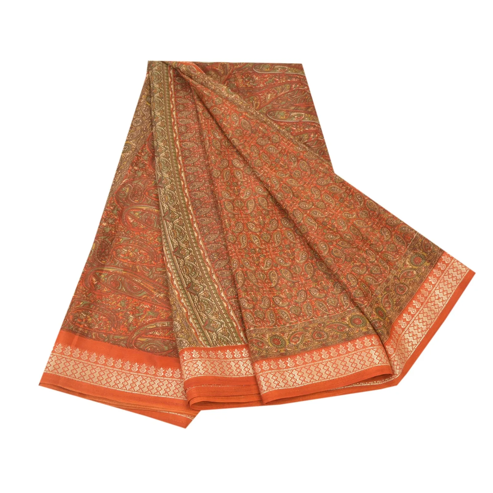 Sanskriti Vintage Rusty Orange Sarees Moss Crepe Printed Sari 5YD Craft Fabric