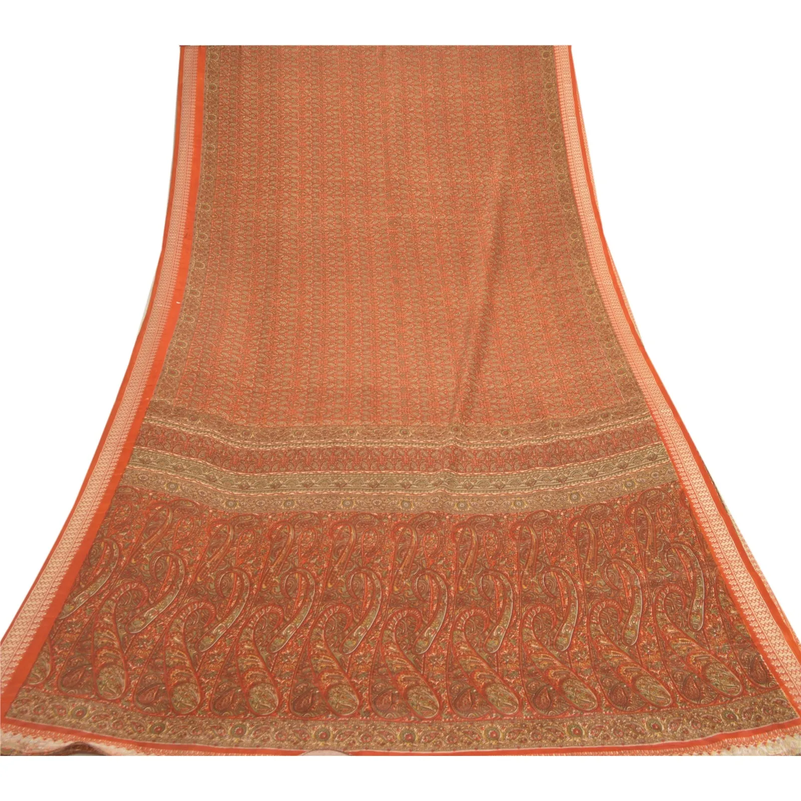 Sanskriti Vintage Rusty Orange Sarees Moss Crepe Printed Sari 5YD Craft Fabric