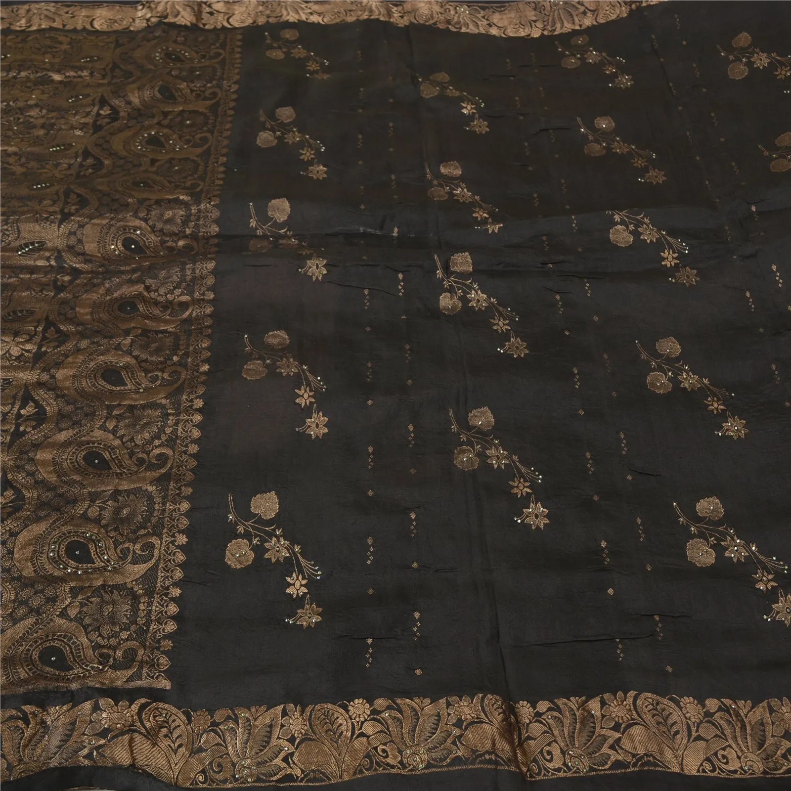 Sanskriti Vintage Sarees 100% Pure Silk Black Woven Brocade/Banarasi Sari Fabric